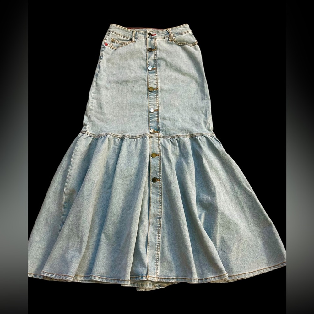Peace Love World Denim Maxi Skirt Button Front Tiered Boho Light Wash 26